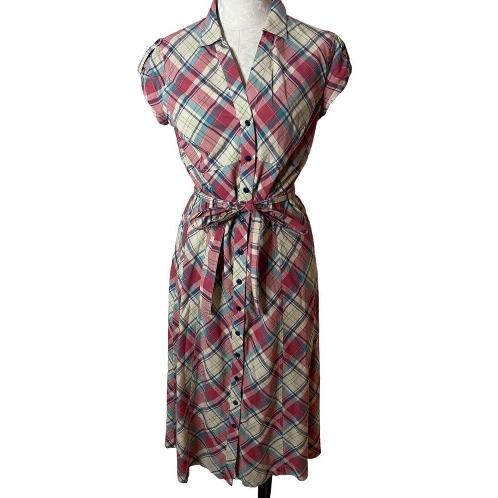 J Peterman Vintage Midi Dress Size 6 Pink Blue Cream Plaid Cotton Matching Belt